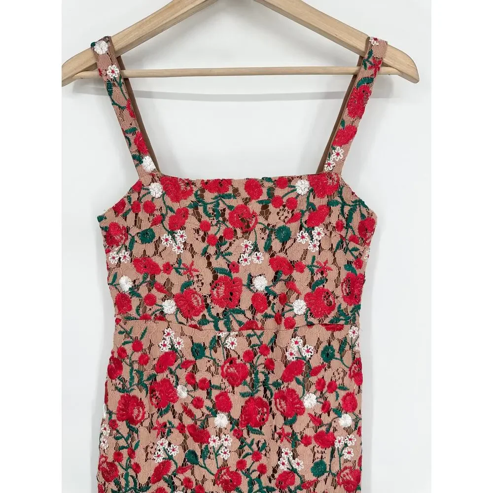 Lovers + Friends Under the Stars Midi Dress Floral Lace Ruffle Cottagecore Nude - Picture 6 of 15